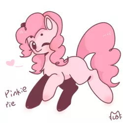 Size: 650x650 | Tagged: safe, artist:luyamebi, derpibooru import, pinkie pie, earth pony, pony, chest fluff, cute, diapinkes, female, floating heart, heart, looking at you, mare, missing cutie mark, one eye closed, simple background, solo, white background, wink