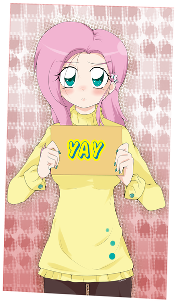 Size: 1037x1713 | Tagged: safe, artist:stalemeat, derpibooru import, fluttershy, bat pony, human, anime, blushing, breasts, busty fluttershy, clothes, cute, cutie mark accessory, cutie mark earrings, earring, female, flutterbat, flutteryay, humanized, nail polish, race swap, shyabetes, sign, solo, sweater, sweatershy, yay