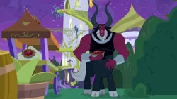 Size: 1920x1080 | Tagged: centaur, cloven hooves, colored hooves, derpibooru import, dessert, food, lord tirek, male, nose piercing, nose ring, pie, piercing, pure unfiltered evil, safe, screencap, solo, the summer sun setback