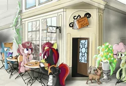 Size: 3660x2498 | Tagged: safe, derpibooru import, oc, oc:night raven, unofficial characters only, dog, golden retriever, pegasus, pony, unicorn, book, cafe, chair, coffee, coffee mug, corner, drinking, female, flower, male, mare, mug, reading, relaxing, scenery, sitting, stallion, table