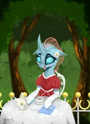 Size: 3250x4500 | Tagged: artist:darksly, blushing, changedling, changeling, commission, cute, derpibooru import, diaocelles, food, ocellus, safe, solo, tea, tea party