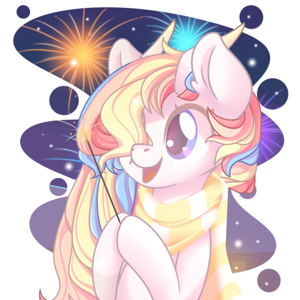 Size: 2100x2100 | Tagged: safe, artist:musicfirewind, derpibooru import, oc, oc:rainbow dreams, pegasus, pony, clothes, commission, female, fireworks, hair over one eye, hoof hold, horn, scarf, simple background, transparent background, ych result