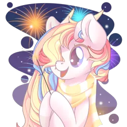 Size: 2100x2100 | Tagged: safe, artist:musicfirewind, derpibooru import, oc, oc:rainbow dreams, pegasus, pony, clothes, commission, female, fireworks, hair over one eye, hoof hold, horn, scarf, simple background, transparent background, ych result