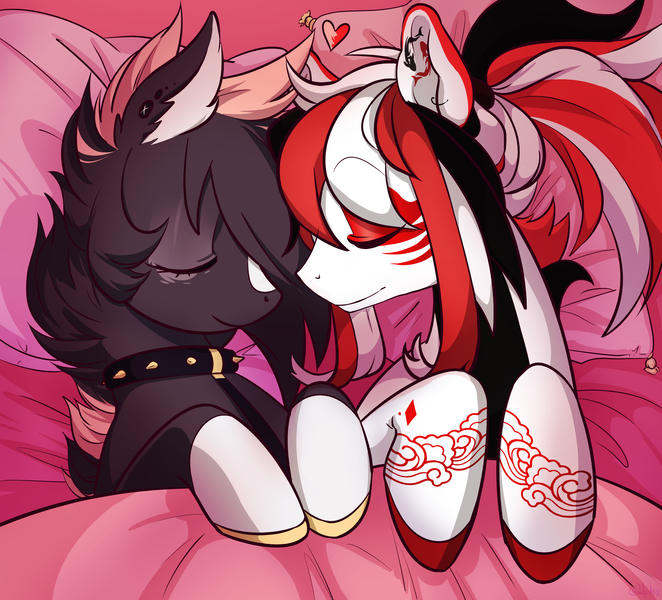 Size: 3194x2894 | Tagged: safe, artist:at2pidor, derpibooru import, oc, oc:kaiyo, oc:shōwa, original species, pegasus, pony, suisei pony, bed, blanket, closed species, collar, commission, ear fluff, ear piercing, eyes closed, female, heart, male, mare, oc x oc, piercing, pillow, shipping, sleeping, spiked collar, stallion, straight, ych result