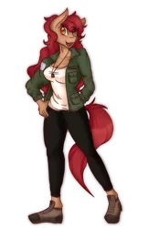 Size: 1242x1920 | Tagged: safe, artist:mscolorsplash, derpibooru import, oc, oc:athena, unofficial characters only, anthro, earth pony, anthro oc, boots, clothes, commission, female, freckles, looking at you, mare, open mouth, pants, red hair, red mane, red tail, shirt, shoes, signature, simple background, solo, transparent background