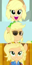 Size: 1062x2125 | Tagged: safe, derpibooru import, edit, screencap, applejack, a case for the bass, equestria girls, equestria girls series, holidays unwrapped, rollercoaster of friendship, spoiler:eqg series (season 2), crystal guardian, cute, hair, jackabetes, photo booth, ponied up, sliding background, smiley face, solo, sunglasses, super ponied up, winter break-in