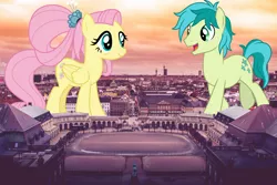 Size: 3000x2000 | Tagged: safe, artist:cloudyglow, artist:jerryakiraclassics19, derpibooru import, fluttershy, sandbar, earth pony, pegasus, pony, the last problem, building, copenhagen, denmark, duo, female, giant pony, giantess, highrise ponies, irl, macro, male, mare, older, older fluttershy, older sandbar, photo, ponies in real life, raised hoof, stallion, story included, sunrise