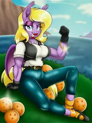 Size: 3000x4000 | Tagged: safe, artist:pananovich, derpibooru import, oc, oc:flourish glade, unofficial characters only, anthro, bat pony, plantigrade anthro, android 18, bat pony oc, bat wings, biceps, breasts, clothes, cosplay, costume, dragon ball (object), dragon ball z, female, jewelry, lidded eyes, looking at you, mare, muscles, necklace, sitting, solo, wings
