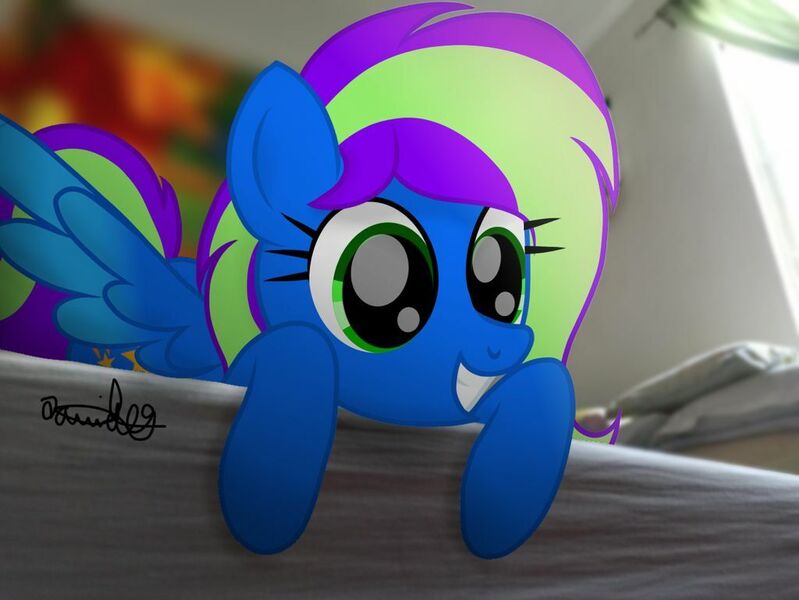 Size: 1024x769 | Tagged: safe, artist:xxxdavid09xxx, derpibooru import, oc, oc:blazey, oc:novastar blaze, unofficial characters only, pegasus, pony, bed, blurred background, curtains, cute, female, happy, irl, mare, ocbetes, pegasus oc, photo, pillow, ponies in real life, real life background, signature, smiling, solo, spread wings, window, wings