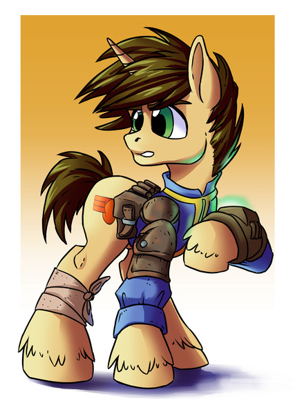 Size: 2480x3508 | Tagged: safe, artist:sonicpegasus, derpibooru import, oc, oc:daylit inquiry, unofficial characters only, unicorn, fallout equestria, bag, bandage, clothes, fallout, horn, male, pipboy, saddle bag, solo