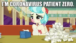 Size: 1920x1080 | Tagged: safe, derpibooru import, edit, edited screencap, editor:useraccount, screencap, coco pommel, the saddle row review, caption, coronavirus, covid-19, image macro, patient zero, red nosed, sick, solo, text, tissue, tissue box