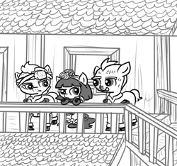 Size: 640x600 | Tagged: safe, artist:ficficponyfic, derpibooru import, part of a set, cyoa:madness in mournthread, balcony, bandage, boots, clothes, cyoa, dress, flower, frills, glare, headband, military uniform, monochrome, mystery, part of a series, rooftop, shoes, stars, story included, stretching, suspicious, talking