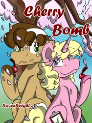 Size: 1500x2000 | Tagged: safe, artist:rosexknight, derpibooru import, oc, oc:short fry, oc:whip up, earth pony, unicorn, comic:cherry bomb, cherry, cherry blossoms, comic cover, female, flower, flower blossom, food, lidded eyes, male, tree, whort