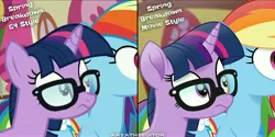 Size: 3840x1920 | Tagged: safe, artist:aryatheeditor, derpibooru import, edit, edited screencap, screencap, rainbow dash, sci-twi, twilight sparkle, ponified, pegasus, pony, unicorn, equestria girls, equestria girls series, spring breakdown, spoiler:eqg series (season 2), comparison, cutie mark, duo, equestria girls ponified, female, glass, glasses, movie accurate, ponyville, shocked, unicorn sci-twi