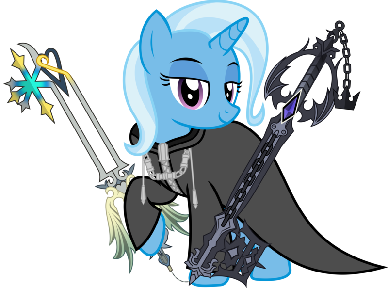 Size: 3037x2256 | Tagged: safe, artist:sketchmcreations, derpibooru import, trixie, pony, unicorn, clothes, coat, dual wield, female, keyblade, kingdom hearts, lidded eyes, looking at you, mare, nobody, oathkeeper, oblivion, organization xiii, raised hoof, roxas, simple background, smiling, the elder scrolls, transparent background, vector, weapon