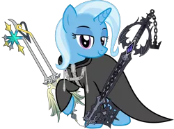 Size: 3037x2256 | Tagged: safe, artist:sketchmcreations, derpibooru import, trixie, pony, unicorn, clothes, coat, dual wield, female, keyblade, kingdom hearts, lidded eyes, looking at you, mare, nobody, oathkeeper, oblivion, organization xiii, raised hoof, roxas, simple background, smiling, the elder scrolls, transparent background, vector, weapon