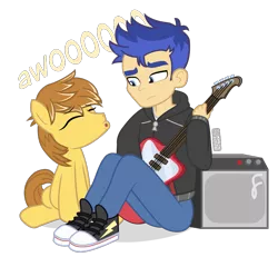 Size: 975x900 | Tagged: safe, artist:dm29, derpibooru import, feather bangs, flash sentry, earth pony, pony, equestria girls, awoo, behaving like a dog, clothes, converse, guitar, musical instrument, shoes, simple background, transparent background, vincent tong, voice actor joke