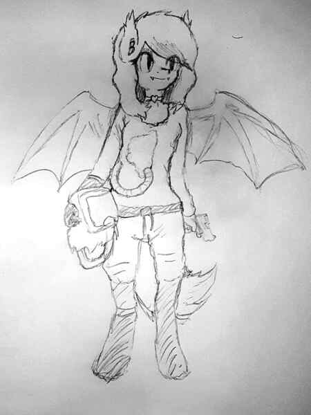 Size: 1500x2000 | Tagged: safe, artist:fluor1te, derpibooru import, oc, oc:amethyst heart, anthro, bat pony, bat wings, choker, doodle, ear fluff, fangs, gun, handgun, hazmat suit, heart, male, mask, monochrome, pencil drawing, pistol, radsuit, rough sketch, rust, semi automatic pistol, sketch, slit eyes, smiling, traditional art, wavy mane, weapon, wings