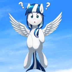 Size: 2958x2958 | Tagged: safe, artist:yinglongfujun, derpibooru import, oc, oc:flowing chalice, unofficial characters only, pegasus, pony, confused, flying, looking at you, question mark, solo