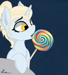 Size: 1080x1189 | Tagged: safe, artist:kotwitz, derpibooru import, oc, oc:aria taitava, unofficial characters only, pony, unicorn, abstract background, bedroom eyes, candy, fluffy, food, hair bun, licking, lollipop, makeup, tongue out