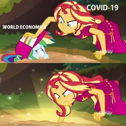 Size: 1078x1080 | Tagged: safe, derpibooru import, edit, edited screencap, screencap, rainbow dash, sunset shimmer, equestria girls, equestria girls series, spring breakdown, spoiler:eqg series (season 2), clothes, coronavirus, covid-19, dress, eye contact, frown, geode of empathy, glare, glow, gritted teeth, hat, looking at each other, magical geodes, meme, metaphor, pushing, quicksand, quicksand meme, scared, sparkles, wat, wide eyes