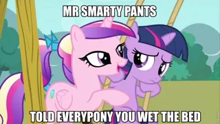 Size: 960x540 | Tagged: safe, derpibooru import, edit, edited screencap, screencap, princess cadance, smarty pants, twilight sparkle, alicorn, pony, unicorn, caption, female, filly, implied bedwetting, implied pissing, implied urine, implied wetting, meme