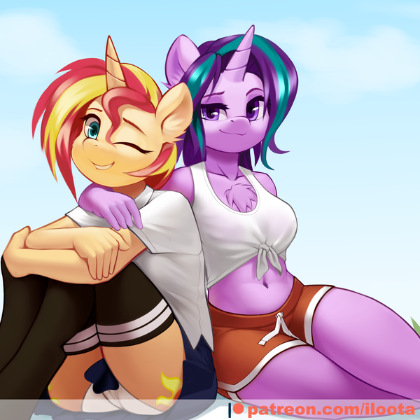 Size: 1000x1000 | Tagged: suggestive, artist:iloota, derpibooru import, starlight glimmer, sunset shimmer, anthro, pony, unicorn, alternate hairstyle, beautiful, belly button, breasts, cameltoe, chest fluff, cleavage fluff, clothes, cute, cutie mark, duo, duo female, female, front knot midriff, glimmerbetes, happy, japanese school uniform, looking at you, mare, midriff, miniskirt, one eye closed, panties, patreon, patreon logo, school uniform, sexy, shimmerbetes, short hair, shorts, skirt, smiling, smiling at you, smug, socks, tanktop, thigh highs, thighs, tied tanktop, underwear, upskirt, white underwear, winking at you, zettai ryouiki