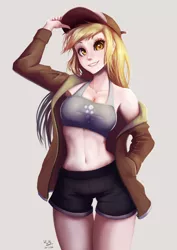 Size: 706x1000 | Tagged: adorasexy, armpits, artist:the-park, baseball cap, belly button, breasts, busty derpy hooves, cap, cleavage, clothes, cute, derpibooru import, derpy hooves, female, hat, human, human coloration, humanized, jacket, long hair, midriff, safe, sexy, shorts, simple background, solo, tanktop, thigh gap