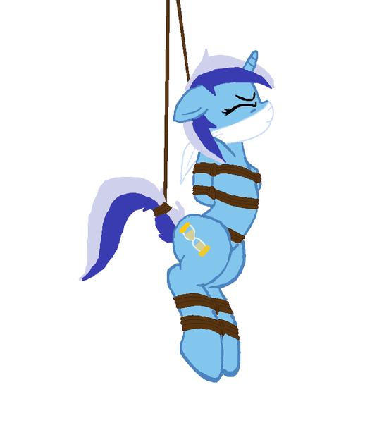 Size: 785x909 | Tagged: suggestive, artist:applejack002, artist:bluesplendont, artist:radiantrealm, derpibooru import, edit, minuette, pony, unicorn, arm behind back, base used, bondage, bound and gagged, cloth gag, damsel in distress, eyes closed, female, femsub, gag, hanging, mare, rope, rope bondage, show accurate, show accurate porn, simple background, solo, solo female, submissive, suspended, trace, white background