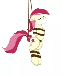 Size: 776x936 | Tagged: suggestive, artist:applejack002, artist:bluesplendont, artist:radiantrealm, derpibooru import, edit, roseluck, earth pony, pony, arm behind back, base used, bondage, bound and gagged, cloth gag, damsel in distress, eyes closed, female, femsub, gag, hanging, mare, rope, rope bondage, show accurate, show accurate porn, simple background, solo, solo female, submissive, suspended, trace, white background