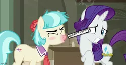 Size: 1056x545 | Tagged: safe, derpibooru import, edit, edited screencap, editor:useraccount, screencap, coco pommel, rarity, the saddle row review, caption, coronavirus, covid-19, covidiots, disgusted, disgusting, image macro, sick, sneezing, text, too soon