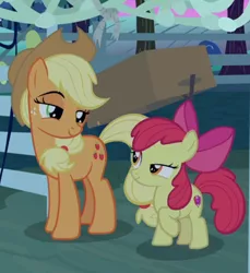 Size: 662x722 | Tagged: apple bloom, applejack, apple sisters, cropped, derpibooru import, duo, female, going to seed, lidded eyes, looking at each other, safe, screencap, siblings, sisters, smug, smug bloom, smugjack