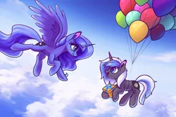 Size: 1200x800 | Tagged: safe, artist:lollipony, deleted from derpibooru, derpibooru import, princess luna, oc, oc:equui-nox, alicorn, pony, unicorn, balloon, cloud, commission, cute, duo, ear fluff, female, floating, flying, looking at each other, mare, present, smiling