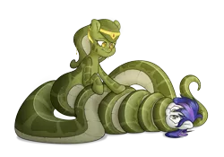 Size: 5000x3500 | Tagged: accessories, artist:fluffyxai, coiling, coils, derpibooru import, happy, jewelry, lamia, male, oc, oc:hotsun, oc:melyssa, original species, safe, simple background, smiling, snake, snake pony, squished face, stallion, transparent background, unofficial characters only, wrapped up