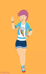 Size: 1800x2887 | Tagged: adolescent, artist:tosmilearts, clothes, cute, cutie mark, denim shorts, derpibooru import, female, human, humanized, kotobukiya, legs, moe, peace sign, safe, scootaloo, shoes, shorts, sneakers, solo, tomboy