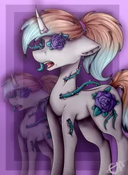 Size: 558x758 | Tagged: semi-grimdark, artist:chazmazda, derpibooru import, oc, oc:nanci, unofficial characters only, pony, colored, commission, commissions open, digital art, flat colors, flower, highlights, ponytail, rose, shade, shading, solo, zoom layer