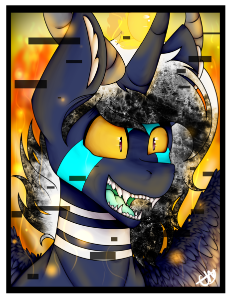Size: 1524x1959 | Tagged: safe, artist:chazmazda, derpibooru import, oc, oc:atlas, unofficial characters only, pony, colored, commission, commissions open, digital art, fire, flat colors, markings, shade, shading, solo, teeth, third eye, three eyes
