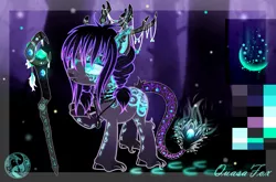 Size: 4000x2643 | Tagged: safe, alternate version, artist:evilsparrow, artist:quasafox, derpibooru import, oc, oc:nightlight shine, unofficial characters only, earth pony, pony, antlers, choker, diamond, ear piercing, earring, eyeshadow, feather, female, freckles, jewelry, leonine tail, lip piercing, makeup, mare, markings, necklace, piercing, pigtails, raised hoof, reference sheet, solo, staff, tattoo, tree, twintails, unshorn fetlocks, witch