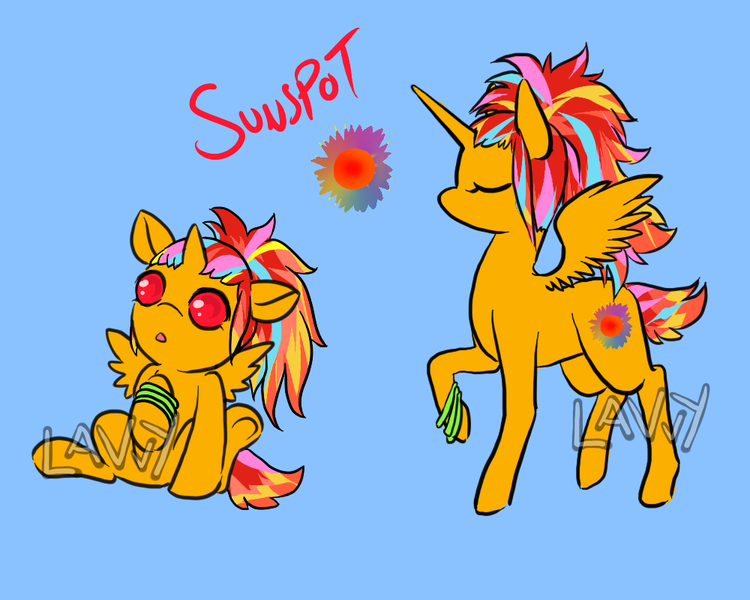 Size: 1000x800 | Tagged: safe, artist:lavvythejackalope, derpibooru import, oc, oc:sunspot, unofficial characters only, alicorn, pony, :o, alicorn oc, baby, baby pony, bracelet, duo, eyes closed, horn, jewelry, open mouth, raised hoof, reference sheet, simple background, sitting, text, underhoof, wings