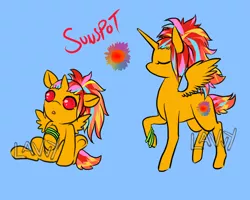 Size: 1000x800 | Tagged: safe, artist:lavvythejackalope, derpibooru import, oc, oc:sunspot, unofficial characters only, alicorn, pony, :o, alicorn oc, baby, baby pony, bracelet, duo, eyes closed, horn, jewelry, open mouth, raised hoof, reference sheet, simple background, sitting, text, underhoof, wings