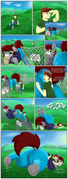 Size: 1766x4638 | Tagged: safe, artist:khaki-cap, author:bigonionbean, derpibooru import, oc, oc:khaki-cap, oc:tommy the human, earth pony, human, pony, butt, butt massage, clothes, comic, commission, commissioner:bigonionbean, cute, dawwww, embarrassed, extra thicc, facial markings, fat ass, fence, flank, hat, hill, hoodie, human oc, jacket, jean butt, jean thicc, morning, muzzle, nom, pants, petting, plot, pushing, stuck, thicc ass, uncle and nephew, wide hips