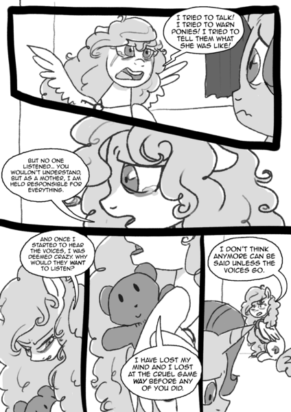 Size: 1240x1754 | Tagged: safe, artist:lunarcakez, derpibooru import, starlight glimmer, oc, pegasus, pony, comic:a dim glow, comic, female, mare, monochrome, teddy bear