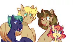 Size: 1280x727 | Tagged: safe, artist:cubbybatdoodles, derpibooru import, oc, oc:brown butter, oc:hopscotch, oc:whimsical note, oc:wind biter, unofficial characters only, earth pony, pegasus, pony, unicorn, brother and sister, brothers, female, filly, freckles, hug, male, mare, offspring, older, one eye closed, parent:derpy hooves, parent:ditzy doo, parent:doctor whooves, parent:time turner, parents:doctorderpy, siblings, simple background, sisters, smiling, sombra eyes, stallion, white background, winghug