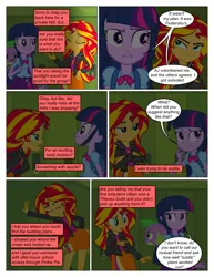 Size: 612x792 | Tagged: safe, artist:greatdinn, artist:newbiespud, derpibooru import, edit, edited screencap, screencap, spike, sunset shimmer, twilight sparkle, dog, comic:friendship is dragons, equestria girls, equestria girls (movie), annoyed, backpack, clothes, collaboration, comic, crossed arms, cutie mark, cutie mark on clothes, dialogue, eyes closed, female, locker, male, screencap comic, spike the dog