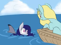 Size: 1332x979 | Tagged: safe, artist:firecracker, derpibooru import, oc, oc:seafoam breeze, unofficial characters only, original species, shark, shark pony, unicorn, boat, female, mare, water