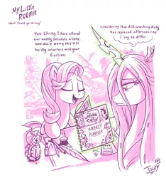 Size: 2062x2205 | Tagged: safe, artist:jowybean, derpibooru import, queen chrysalis, starlight glimmer, changeling, changeling queen, pony, unicorn, series:my little roomie, book, dialogue, duo, eyes closed, female, high res, inkwell, magic, mare, monochrome, open mouth, quill, roommates, simple background, speech bubble, telekinesis, thinking, thought bubble, white background