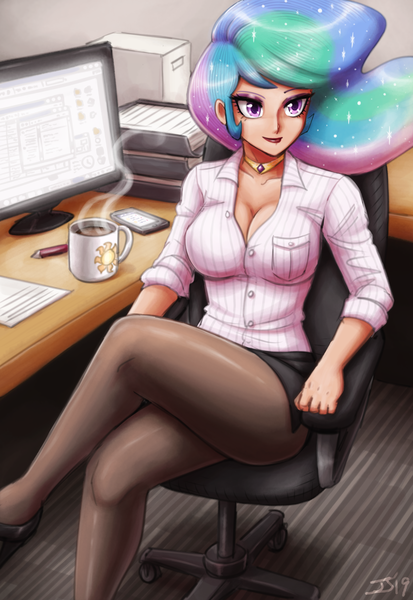 Size: 3300x4800 | Tagged: adorable face, adorasexy, artist:johnjoseco, artist:king-kakapo, ask gaming princess luna, beautiful, beautiful eyes, beautiful hair, boss lady, breasts, busty princess celestia, chair, cleavage, clothes, coffee, coffee mug, collaboration, collar, colored, computer, crossed legs, cute, cutelestia, derpibooru import, desk, dress shirt, eyeshadow, female, high heels, human, humanized, jewelry, legs, lipstick, makeup, miniskirt, mobile phone, mug, multicolored hair, office, pantyhose, pencil, phone, pink eyeshadow, princess celestia, red lipstick, sexy, shoes, short skirt, side slit, sitting, sketch, skirt, smartphone, solo, solo female, stupid sexy celestia, suggestive, thighs, upskirt, woman