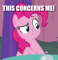 Size: 835x865 | Tagged: a trivial pursuit, caption, concerned, cropped, derpibooru import, edit, edited screencap, image macro, juxtaposition bait, meme, pinkie pie, reaction image, safe, screencap, solo, text