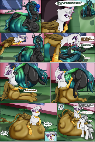 Size: 3445x5167 | Tagged: questionable, artist:novaspark, derpibooru import, gilda, princess luna, queen chrysalis, oc, oc:lightning flash, changeling, changeling queen, gryphon, pony, belly, belly bed, big belly, bulges, burp, comic, digestion, fangs, female, huge belly, impossibly large belly, oral vore, salivating, same size vore, tail sticking out, vore