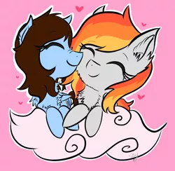 Size: 1450x1414 | Tagged: adorable face, artist:shinycyan, chest fluff, chibi, cloud, couple, cute, derpibooru import, digital art, fluffy, heart, hearts and hooves day, kissing, kiss on the cheek, love, nuzzling, oc, oc:shinycyan, oc:tridashie, pegasus, safe, shipping